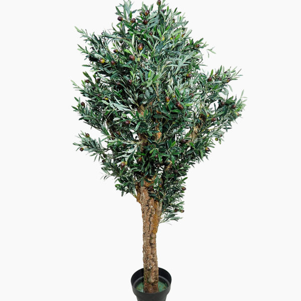 Cet olivier artificiel aux olives noires fabriqué avec des bûches rustiques naturelles Solution Design vente d'arbre artificiel de qualité