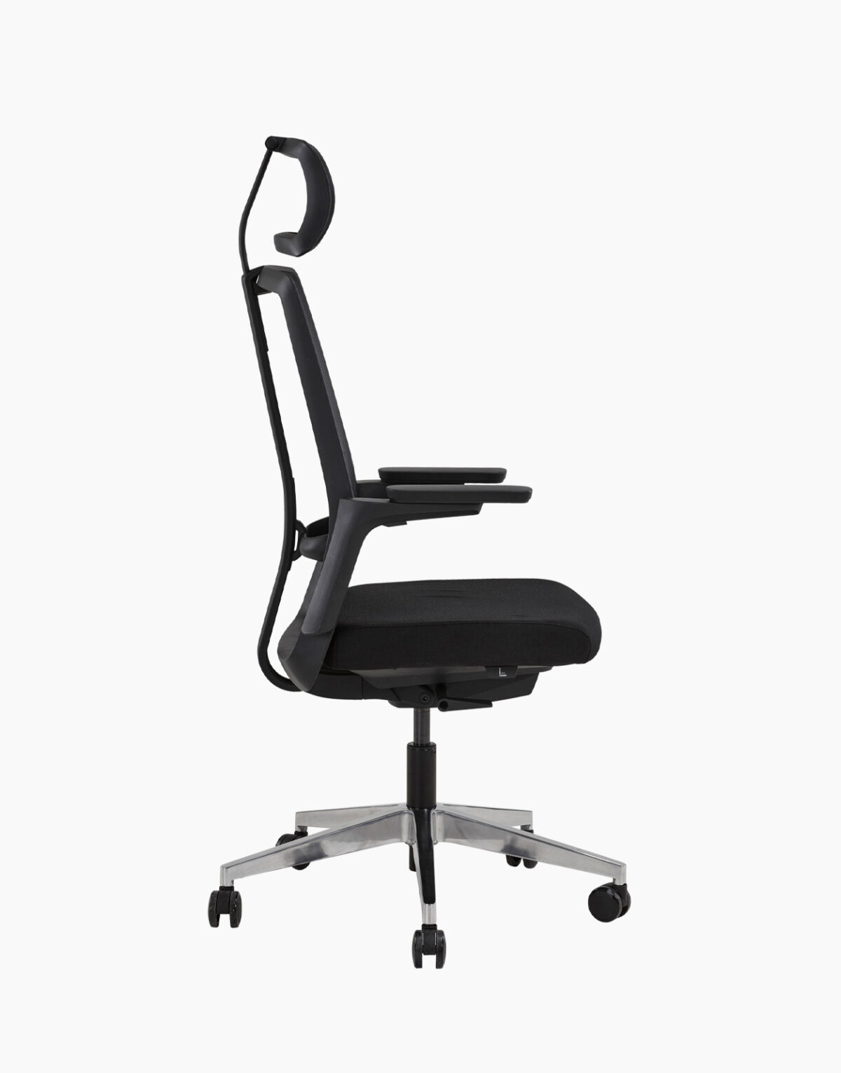 Fauteuil bureautique synchrone mono-manette Translation d’assise Réglage de tension par manivelle sous assise Dossier filet Support lombaire têtière réglable Accoudoirs réglables 3D