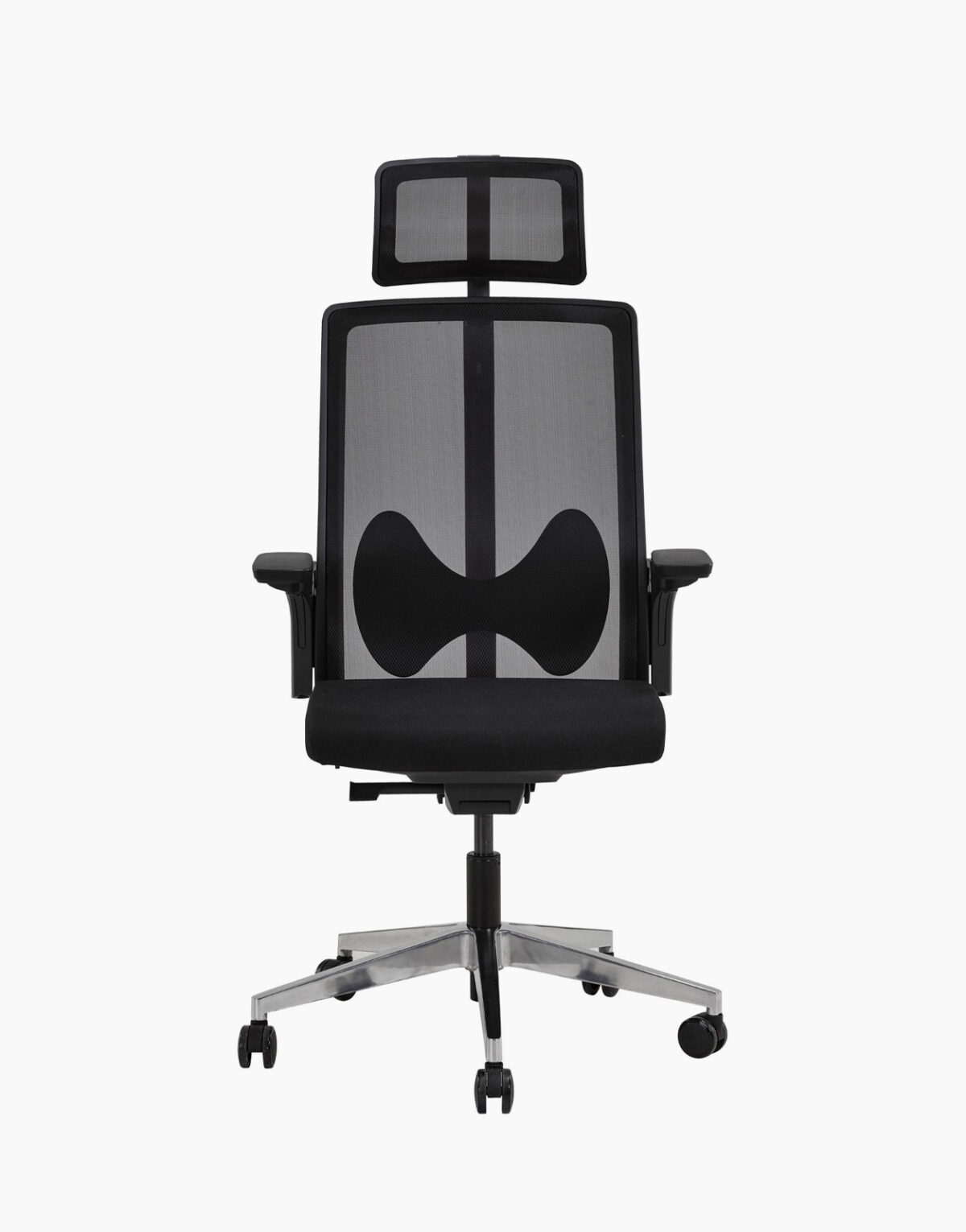 Fauteuil bureautique synchrone mono-manette Translation d’assise Réglage de tension par manivelle sous assise Dossier filet Support lombaire têtière réglable Accoudoirs réglables 3D