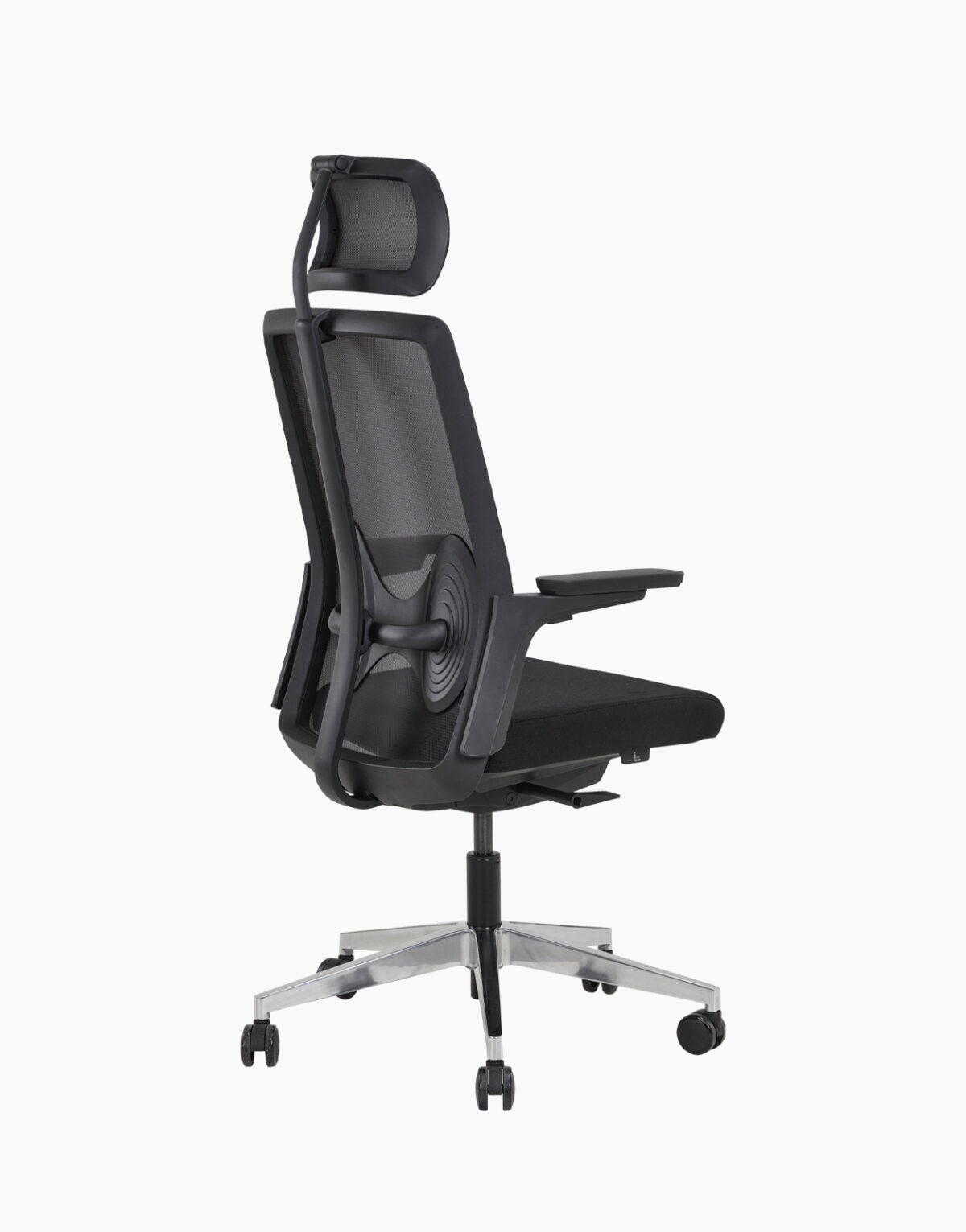 Fauteuil bureautique synchrone mono-manette Translation d’assise Réglage de tension par manivelle sous assise Dossier filet Support lombaire têtière réglable Accoudoirs réglables 3D